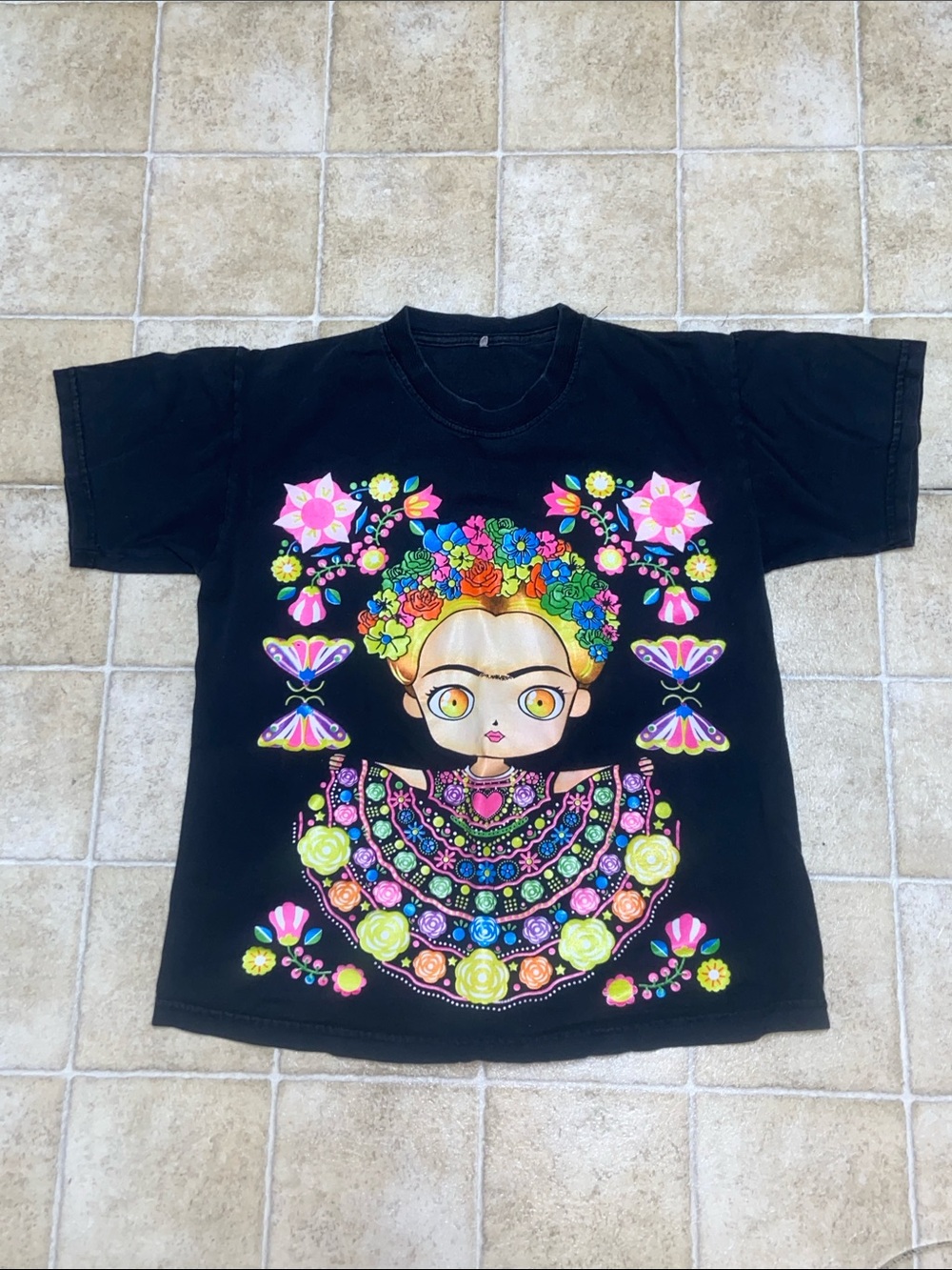 Black Kids Graphic Tee with Colorful Floral Doll